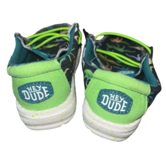 Hey Dude Kids Sneakers - Black and Neon Green Dinosaur Print - Picture 7 of 8